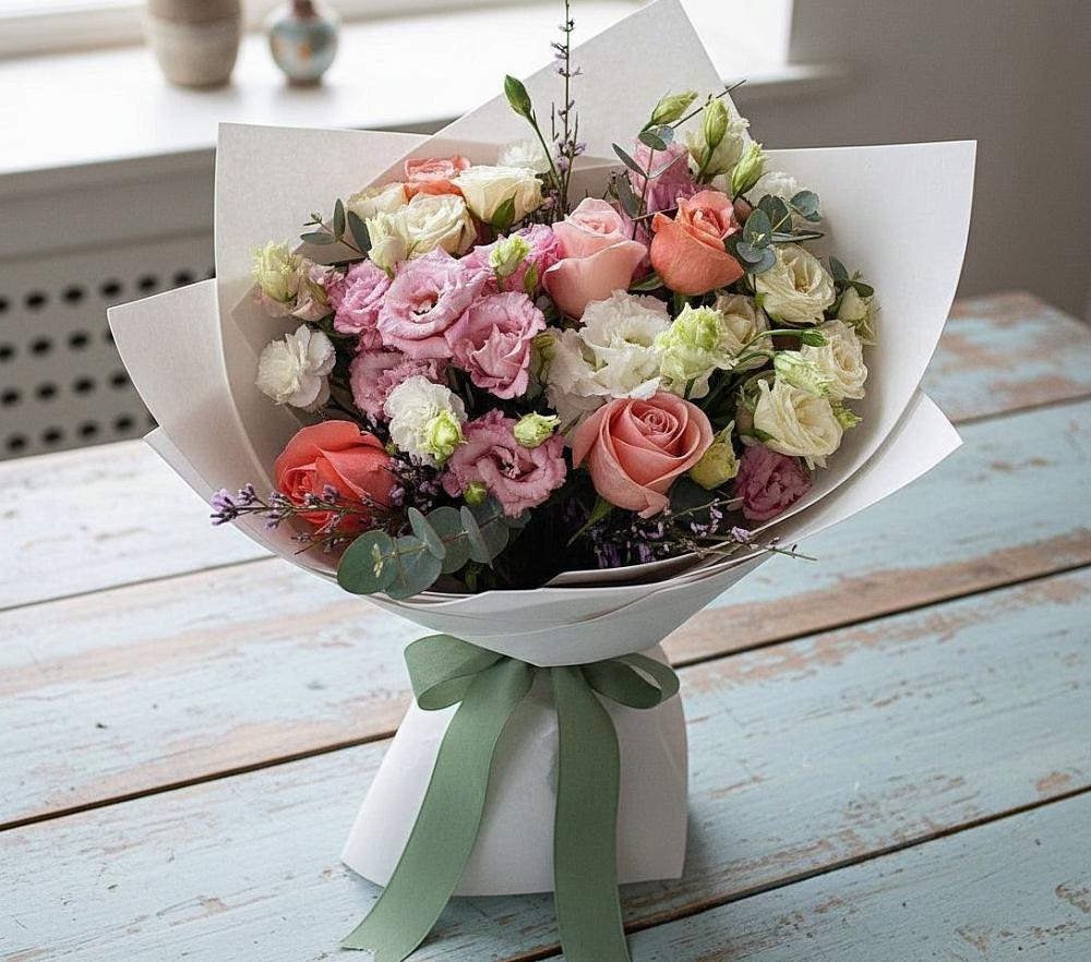 Букет цветов из: Розы, Лизиантусы и Гвоздики в Михайловском