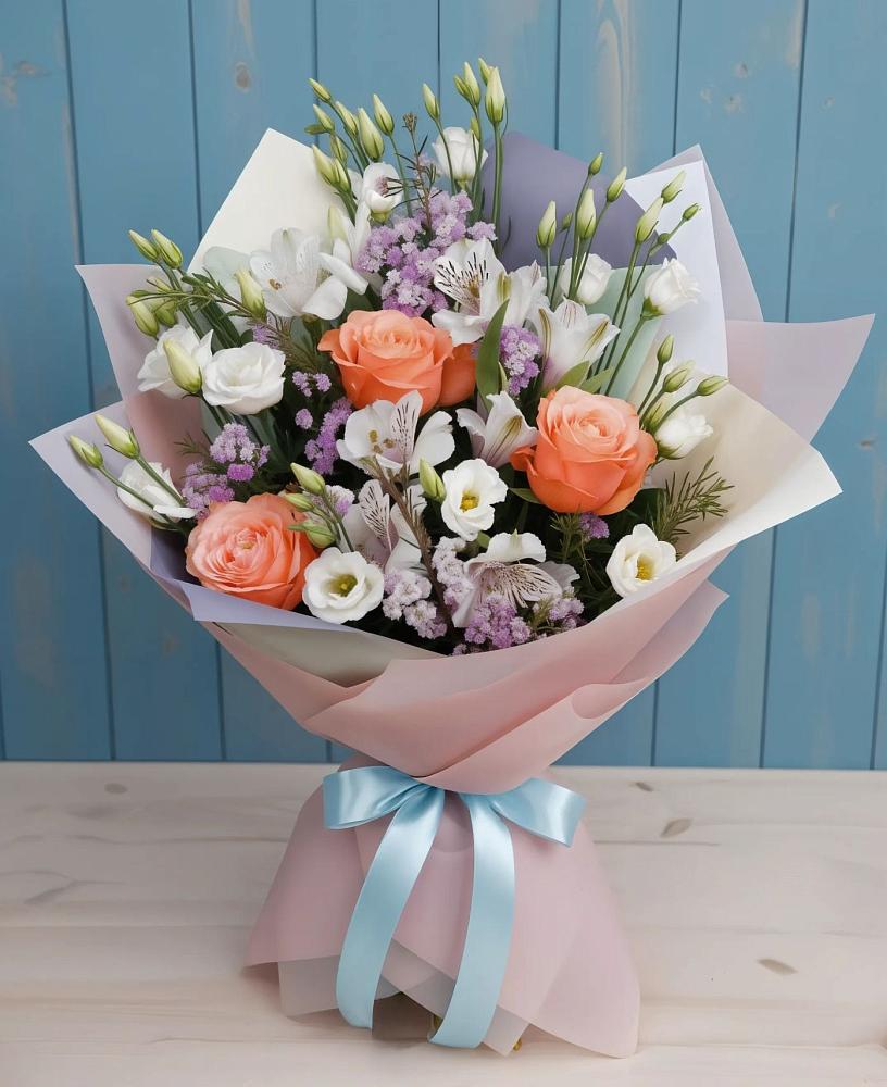 Букет цветов из: Лизиантусы, Розы, Альстромерии и Гипсофила в Михайловском